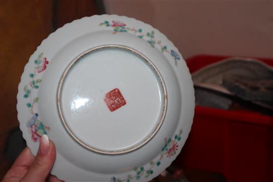 A Chinese famille rose plate, mixed European ceramics, a Barbola mirror etc